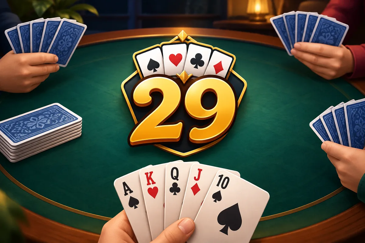 Four players holding cards around a green card table, with the 29 badge in the middle